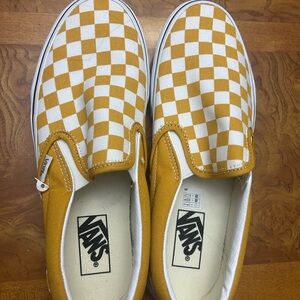 Vans Women's Mustard and White Checkerboard Slip-On Sneakers